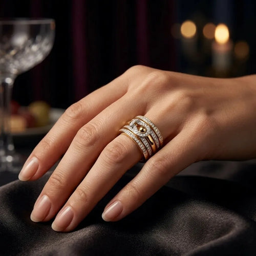 9K gold crystal loop statement ring for girls with layered gold bands and sparkling white stone detailing by Marvel Silver.