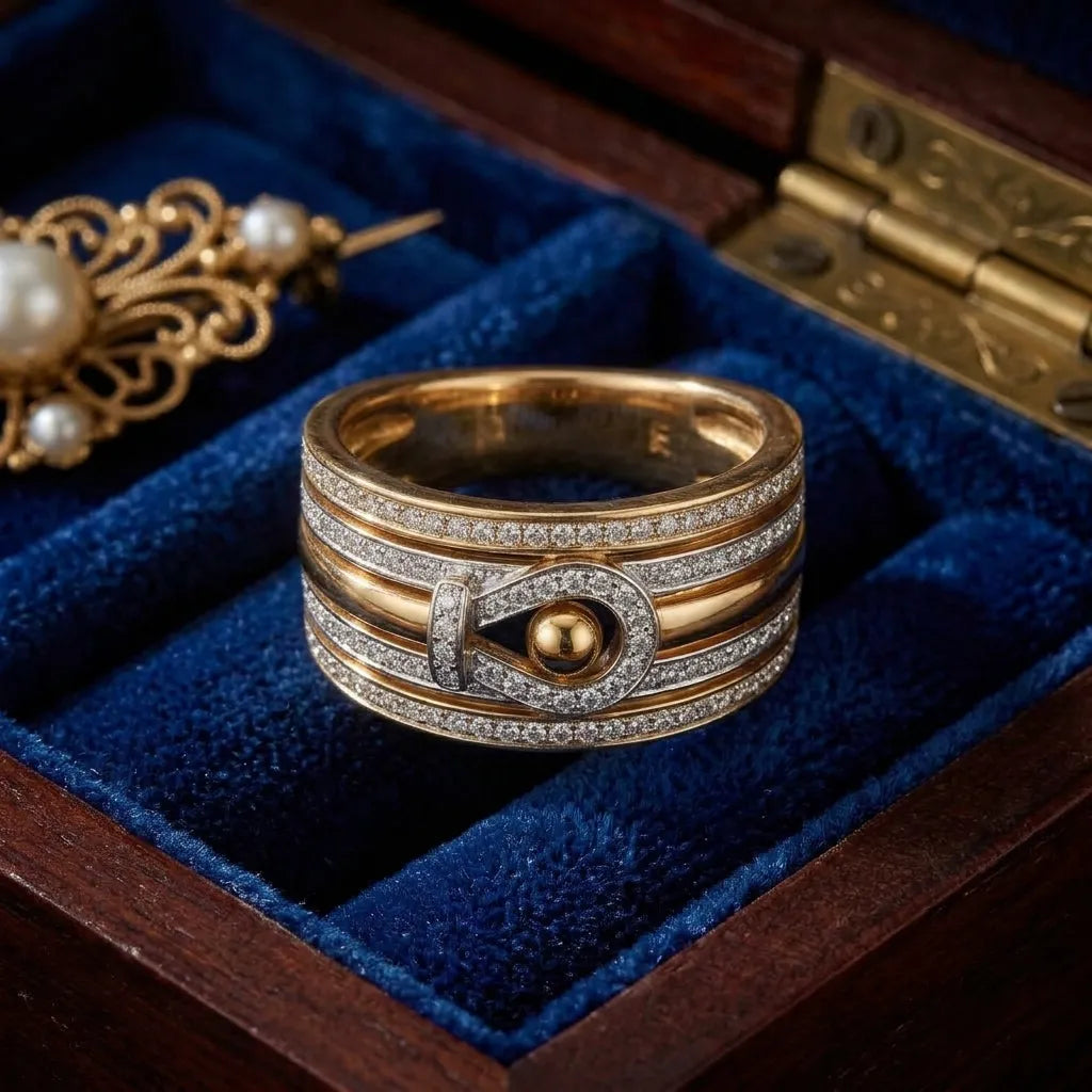 9K gold crystal loop statement ring for girls with layered gold bands and sparkling white stone detailing by Marvel Silver.