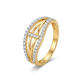 9K gold crystal oval crossover ring for girls with openwork gold bands and white stone-studded borders by Marvel Silver.