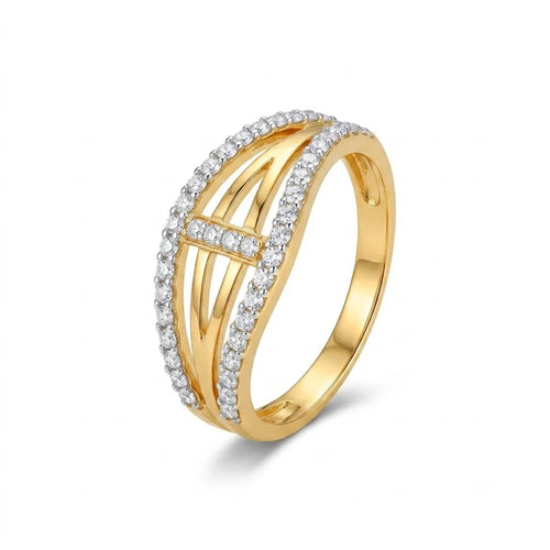 9K gold crystal oval crossover ring for girls with openwork gold bands and white stone-studded borders by Marvel Silver.