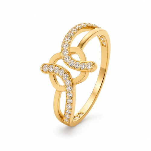 9K gold crystal swirl ring for girls with openwork crossover design and white stone detailing by Marvel Silver.
