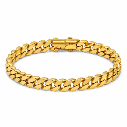 9K gold Cuban link bracelet for men with polished gold links and secure clasp by Marvel Silver.