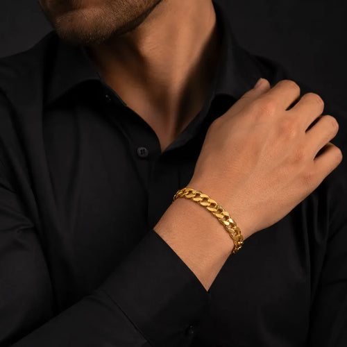 9K gold Cuban link bracelet for men with polished gold links and secure clasp by Marvel Silver.