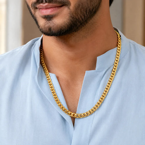 9K gold Cuban link chain for men with polished interlocking gold links by Marvel Silver.