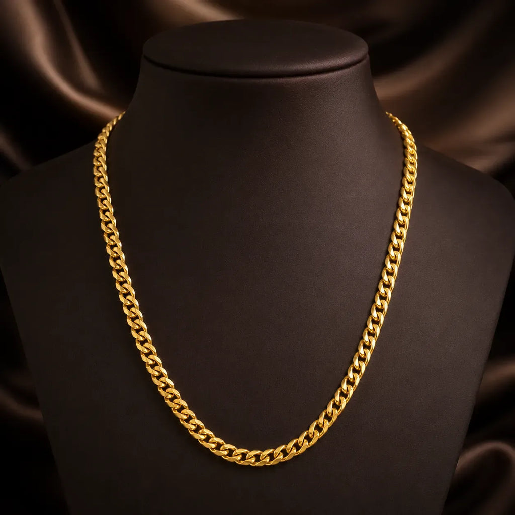 9K gold Cuban link chain for men with polished interlocking gold links by Marvel Silver.