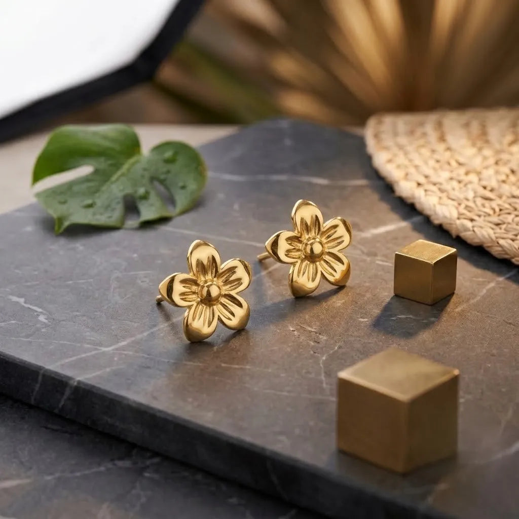 Marvel Silver 9K gold daisy flower stud earrings for women and girls, lightweight floral gold earrings for everyday and festive wear.