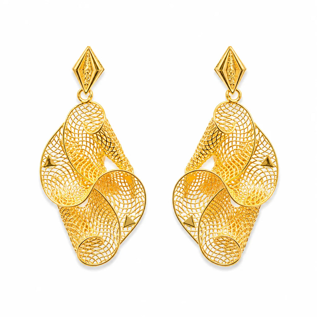 Marvel Silver 9K Gold designer mesh dangle earrings for girls featuring an intricate openwork pattern with a polished gold finish and elegant statement design.
