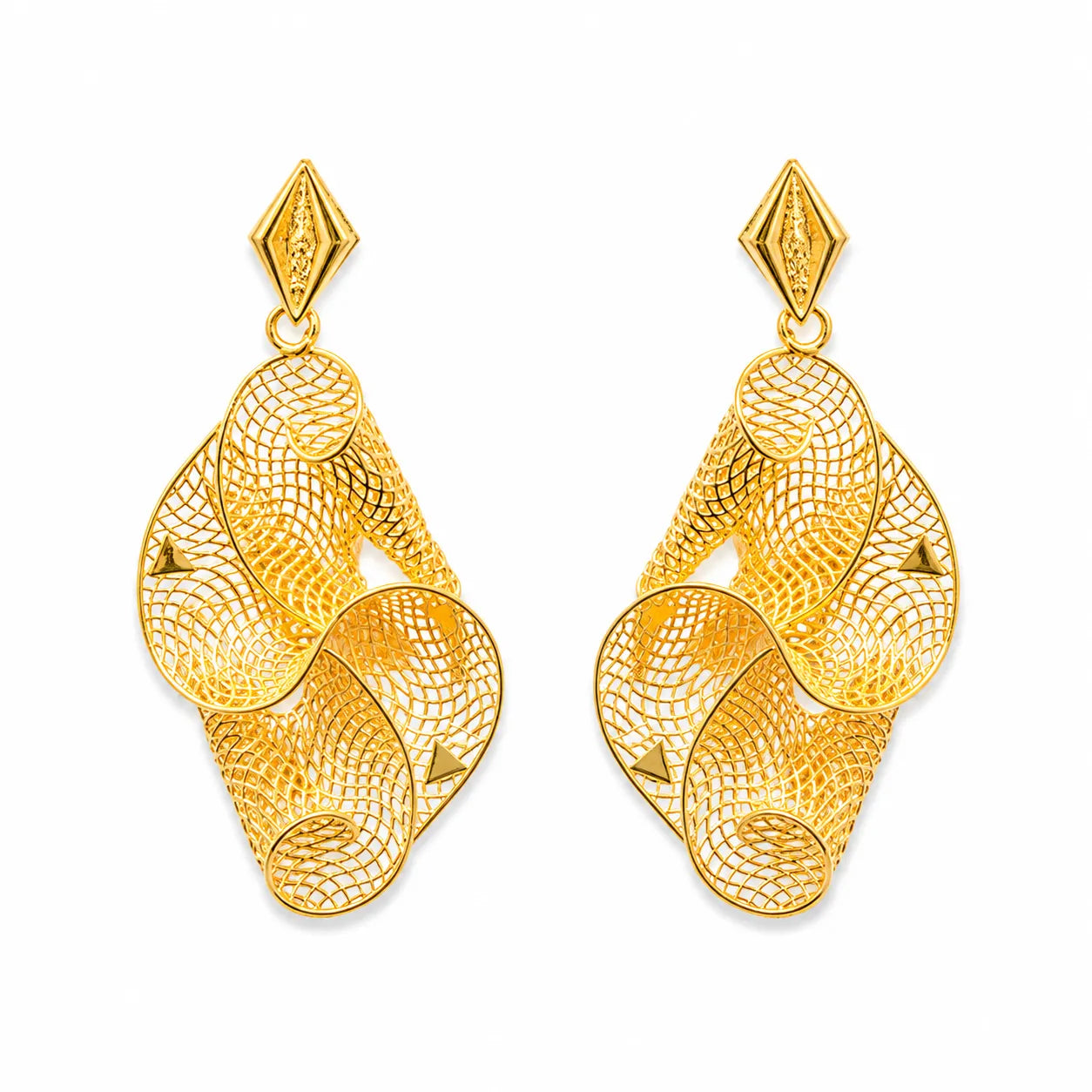 Marvel Silver 9K Gold designer mesh dangle earrings for girls featuring an intricate openwork pattern with a polished gold finish and elegant statement design.