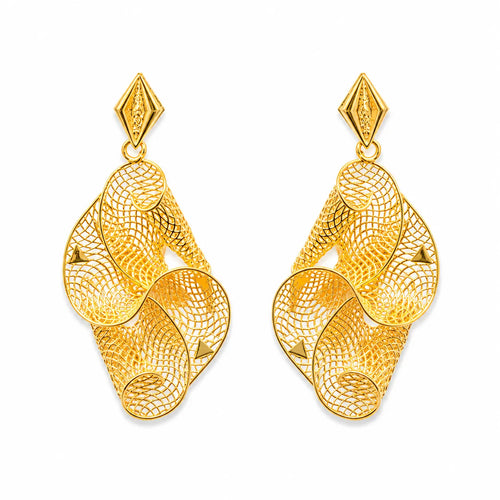Marvel Silver 9K Gold designer mesh dangle earrings for girls featuring an intricate openwork pattern with a polished gold finish and elegant statement design.