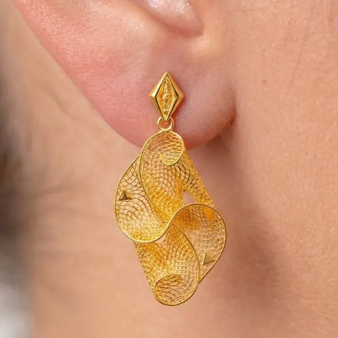 Marvel Silver 9K Gold designer mesh dangle earrings for girls featuring an intricate openwork pattern with a polished gold finish and elegant statement design.