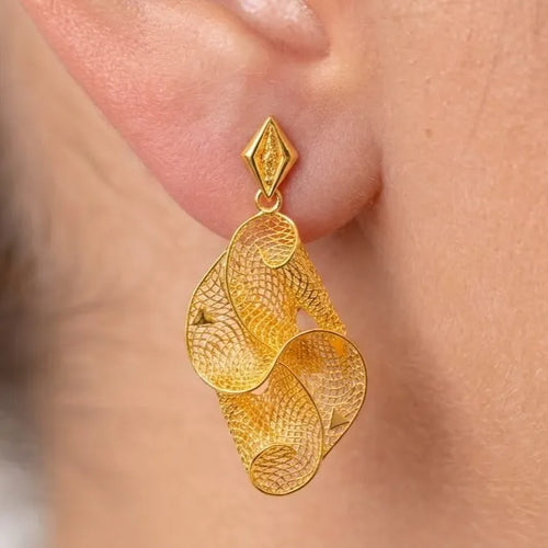 Marvel Silver 9K Gold designer mesh dangle earrings for girls featuring an intricate openwork pattern with a polished gold finish and elegant statement design.