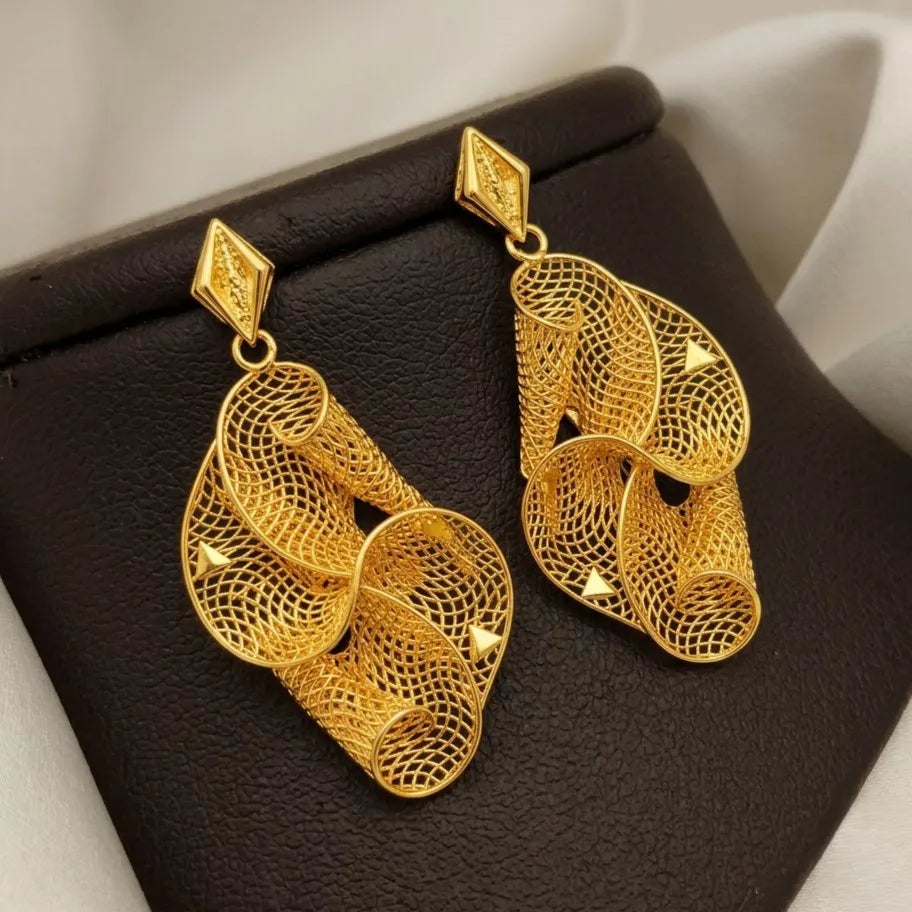 Marvel Silver 9K Gold designer mesh dangle earrings for girls featuring an intricate openwork pattern with a polished gold finish and elegant statement design.