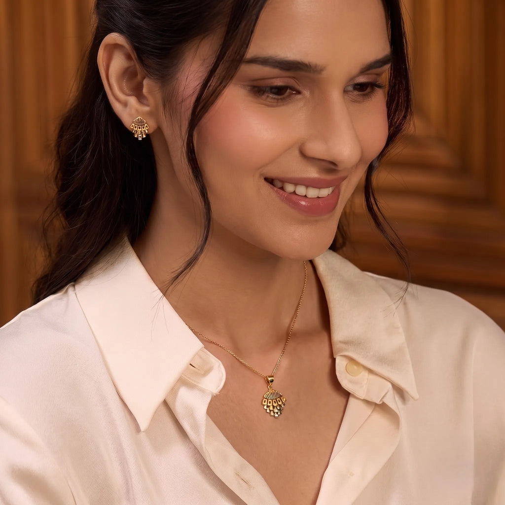 Marvel Silver 9K Gold Designer Geometric Fan Pendant Set with Matching Earrings for Women and Girls, Gold Finish, Chain Not Included