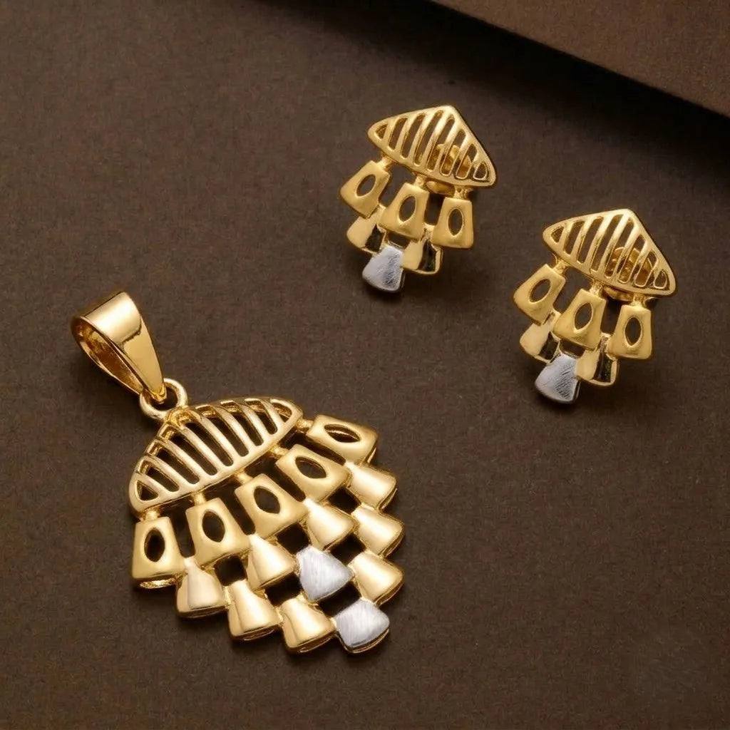 Marvel Silver 9K Gold Designer Geometric Fan Pendant Set with Matching Earrings for Women and Girls, Gold Finish, Chain Not Included