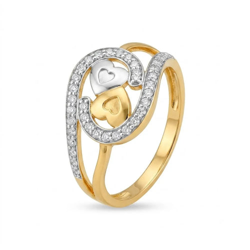 9K gold double heart crystal ring for girls with gold and silver-tone heart motifs and sparkling white stone detailing by Marvel Silver.