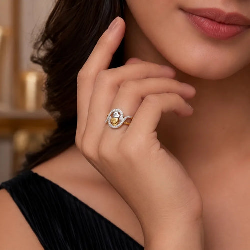 9K gold double heart crystal ring for girls with gold and silver-tone heart motifs and sparkling white stone detailing by Marvel Silver.