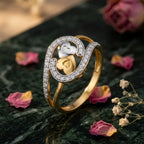 9K gold double heart crystal ring for girls with gold and silver-tone heart motifs and sparkling white stone detailing by Marvel Silver.