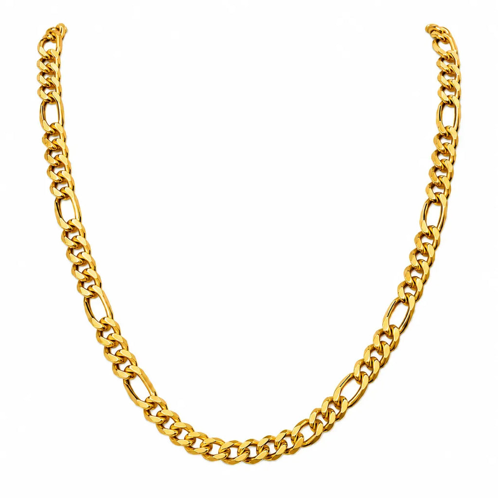 9K gold Figaro link chain for men with polished Cuban links and alternating oval links by Marvel Silver.
