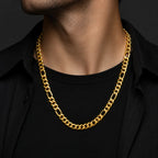 9K gold Figaro link chain for men with polished Cuban links and alternating oval links by Marvel Silver.