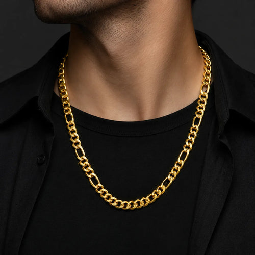 9K gold Figaro link chain for men with polished Cuban links and alternating oval links by Marvel Silver.