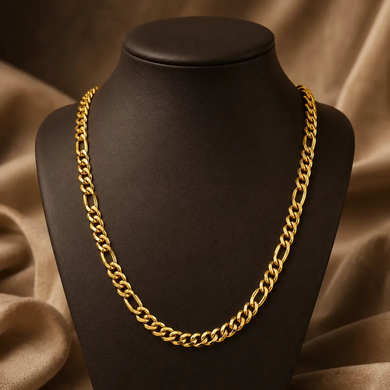 9K gold Figaro link chain for men with polished Cuban links and alternating oval links by Marvel Silver.
