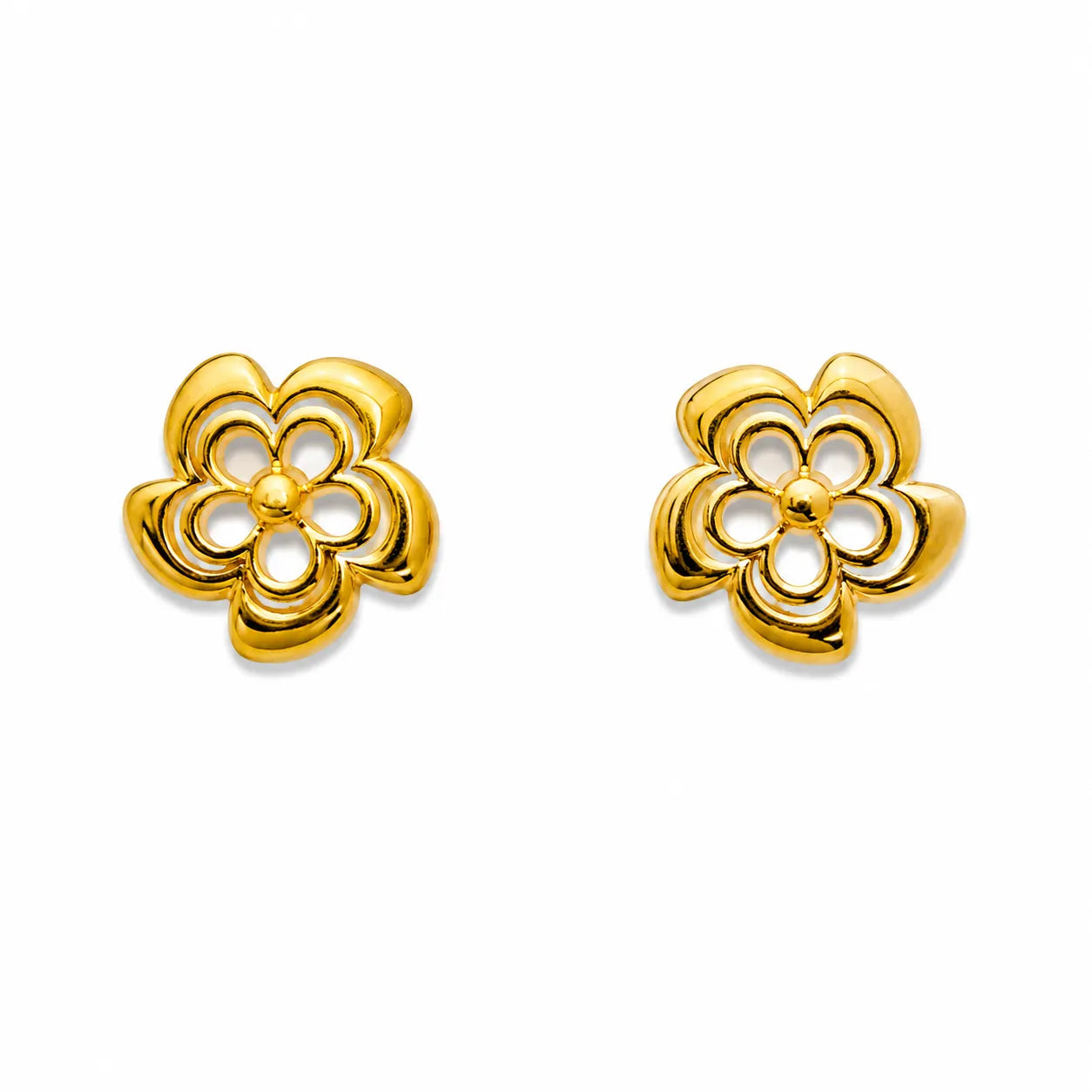 Marvel Silver 9K Gold five-petal openwork flower stud earrings for girls with a polished gold finish and elegant layered floral-inspired design.