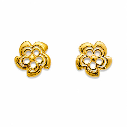 Marvel Silver 9K Gold five-petal openwork flower stud earrings for girls with a polished gold finish and elegant layered floral-inspired design.