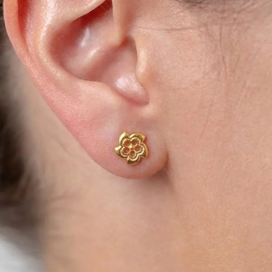 Marvel Silver 9K Gold five-petal openwork flower stud earrings for girls with a polished gold finish and elegant layered floral-inspired design.