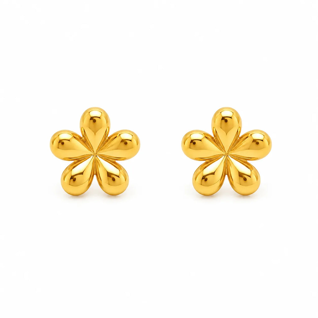 Marvel Silver 9K gold five-petal flower stud earrings for women and girls, lightweight floral gold earrings for everyday and festive wear.