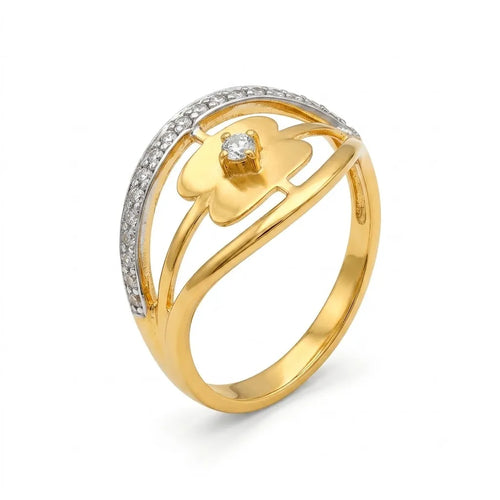 9K gold floral crystal openwork ring for girls with flower motif, white stone detailing and polished gold finish by Marvel Silver.