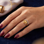 9K gold floral crystal openwork ring for girls with flower motif, white stone detailing and polished gold finish by Marvel Silver.
