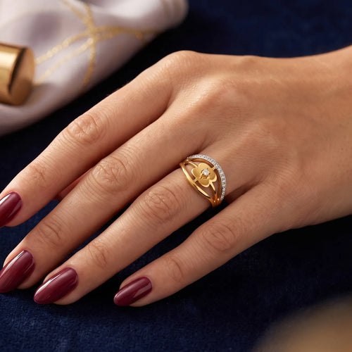 9K gold floral crystal openwork ring for girls with flower motif, white stone detailing and polished gold finish by Marvel Silver.