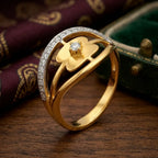 9K gold floral crystal openwork ring for girls with flower motif, white stone detailing and polished gold finish by Marvel Silver.