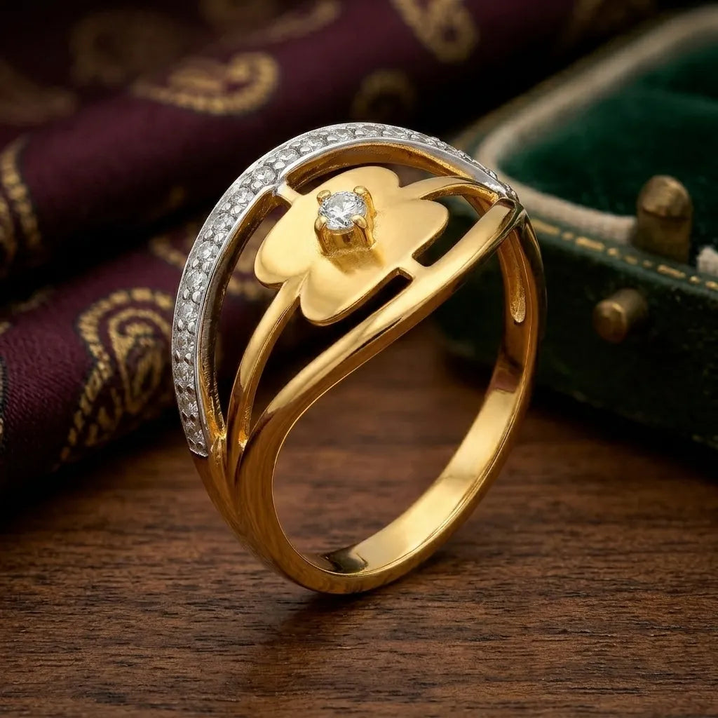 9K gold floral crystal openwork ring for girls with flower motif, white stone detailing and polished gold finish by Marvel Silver.
