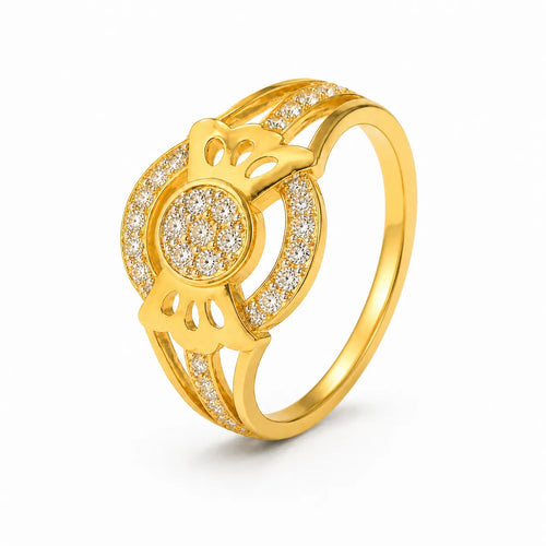 9K gold floral crystal ring for girls with round white stone centre and polished dual-band design by Marvel Silver.