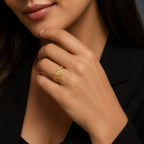 9K gold floral crystal ring for girls with round white stone centre and polished dual-band design by Marvel Silver.
