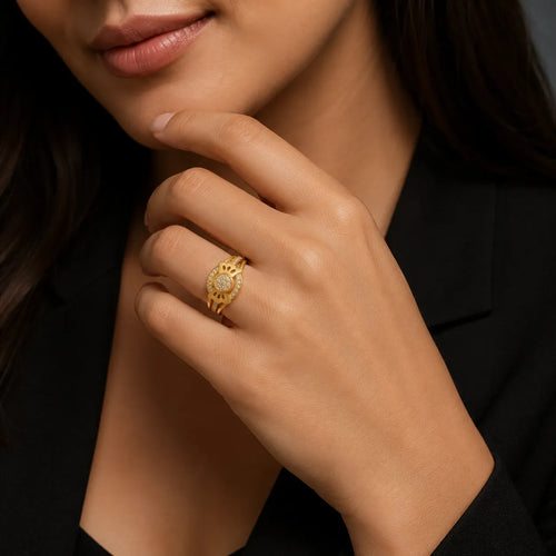 9K gold floral crystal ring for girls with round white stone centre and polished dual-band design by Marvel Silver.