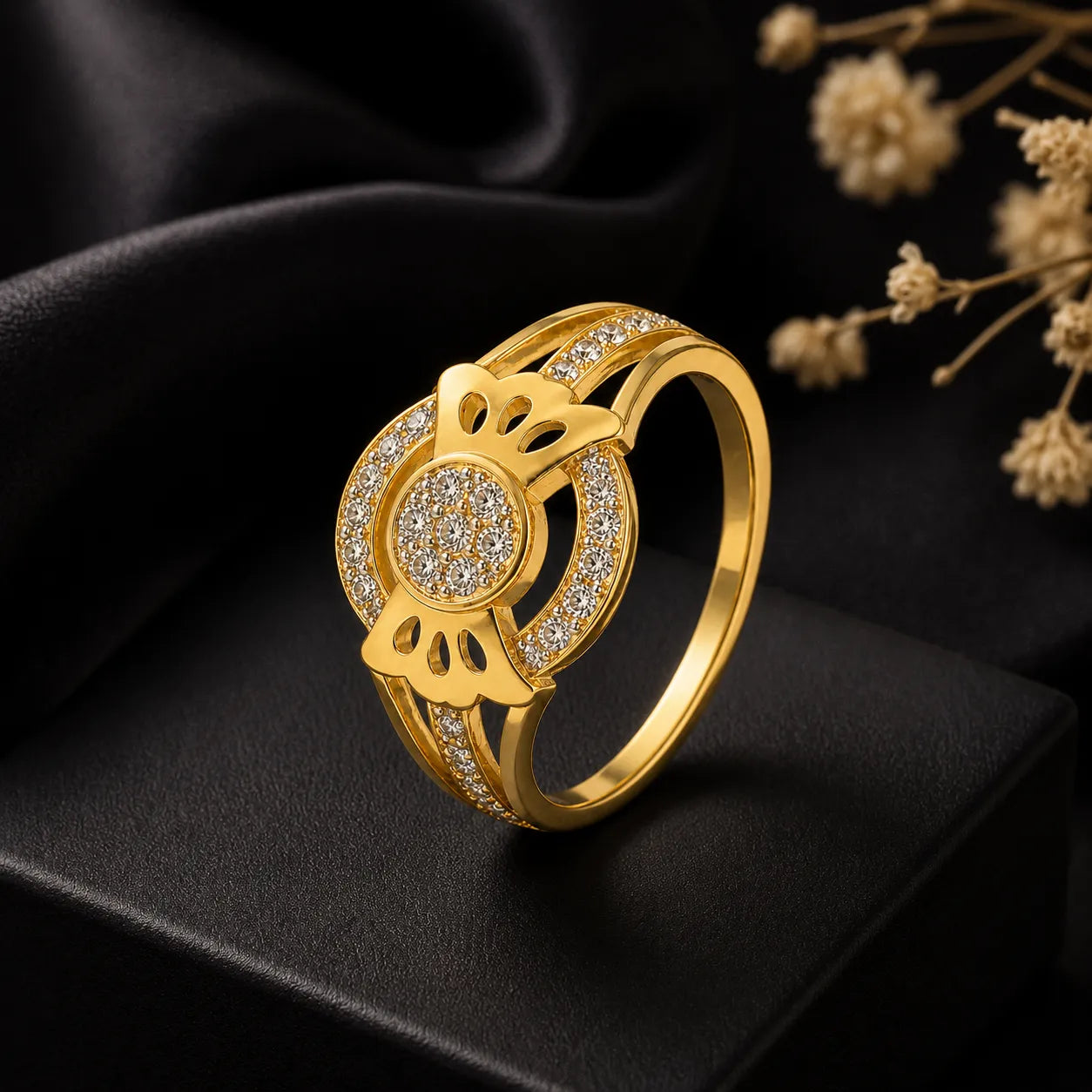 9K gold floral crystal ring for girls with round white stone centre and polished dual-band design by Marvel Silver.