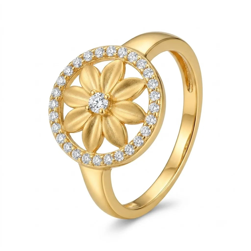 9K gold floral crystal ring for girls with round flower motif and white stone-studded border by Marvel Silver.
