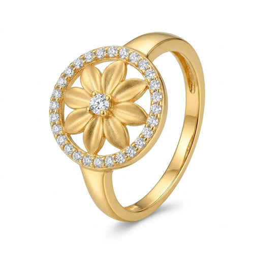 9K gold floral crystal ring for girls with round flower motif and white stone-studded border by Marvel Silver.