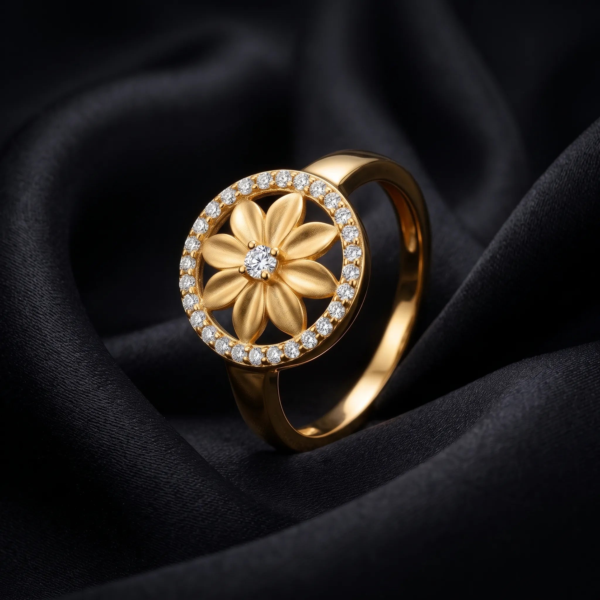 9K gold floral crystal ring for girls with round flower motif and white stone-studded border by Marvel Silver.
