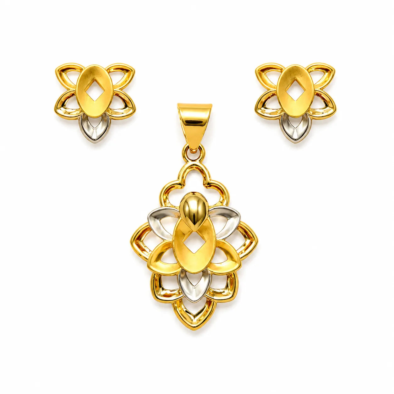 Marvel Silver 9K Gold Floral Designer Pendant Set with Matching Earrings for Women and Girls, Dual-Tone Gold & Silver Finish, Chain Not Included