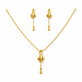 9K gold floral drop necklace set for women with polished pendant, hanging bead details and matching earrings by Marvel Silver.