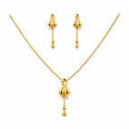 9K gold floral drop necklace set for women with polished pendant, hanging bead details and matching earrings by Marvel Silver.