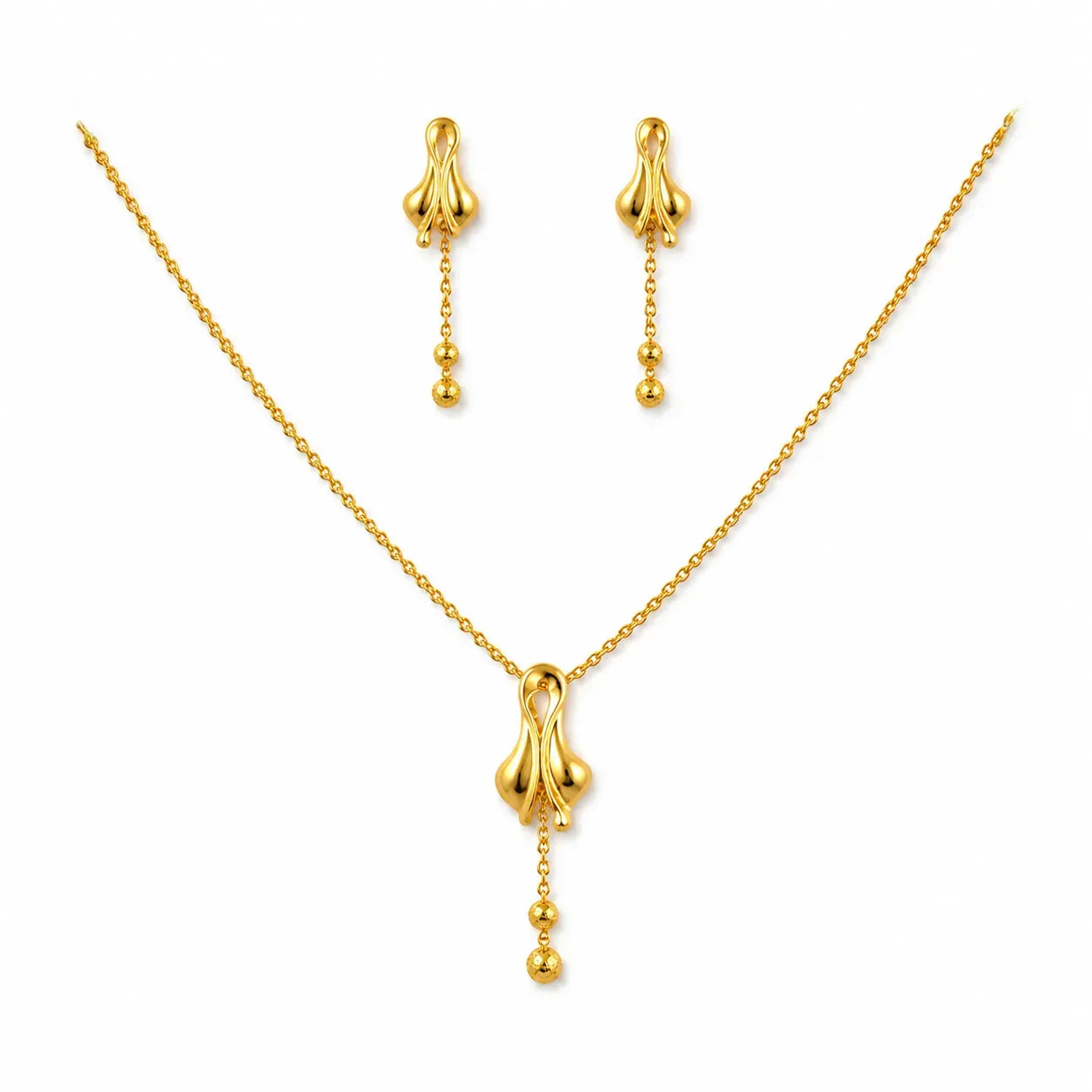 9K gold floral drop necklace set for women with polished pendant, hanging bead details and matching earrings by Marvel Silver.