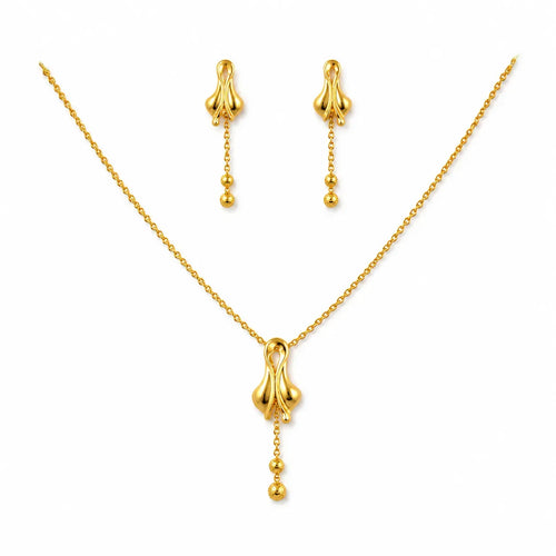 9K gold floral drop necklace set for women with polished pendant, hanging bead details and matching earrings by Marvel Silver.