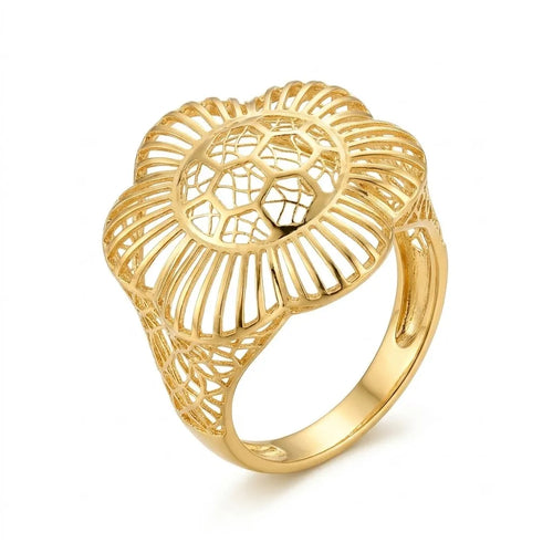 9K gold floral lattice statement ring for girls with intricate openwork cutwork design and polished gold finish by Marvel Silver.