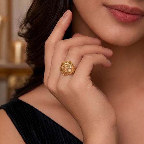 9K gold floral lattice statement ring for girls with intricate openwork cutwork design and polished gold finish by Marvel Silver.