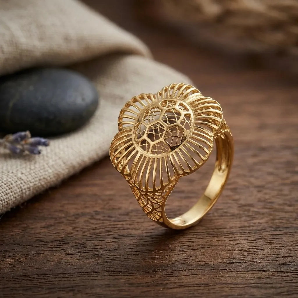 9K gold floral lattice statement ring for girls with intricate openwork cutwork design and polished gold finish by Marvel Silver.