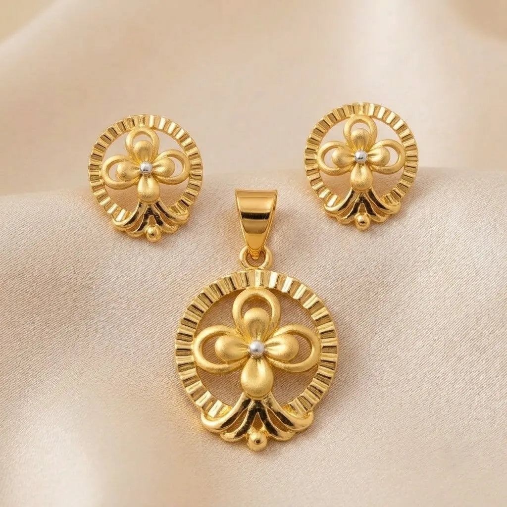 Marvel Silver 9K Gold Floral Necklace Set with Matching Earrings for Women, Elegant Flower Pendant Set, Chain Not Included